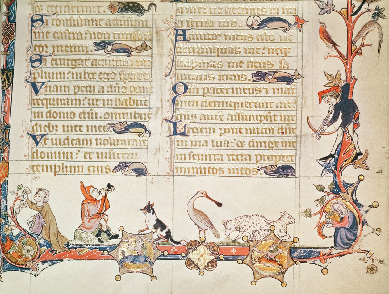 Ilustracja z psałterza, przedstawiająca różne postacie, warzęcha, owcę, centaury i Reynarda Lisa autorstwa English School