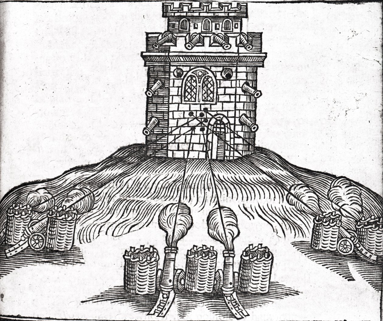 Ilustracja wojny oblężniczej, z "The Art of Gunnery" Thomasa Smitha (fl.1600-27), 1628 r. autorstwa English School