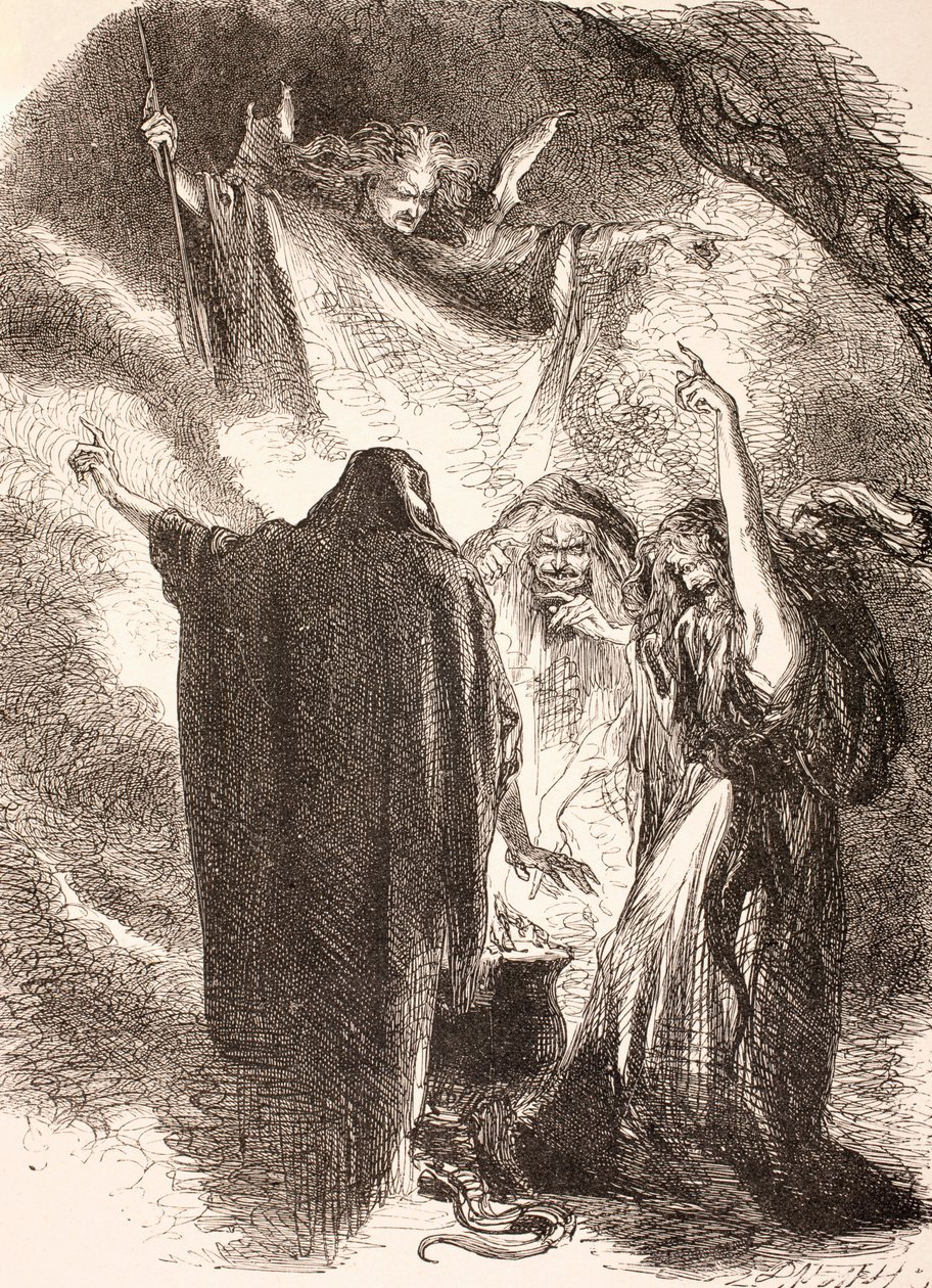 Ilustracja czarownic wokół ich kotła w Makbecie, z „The Illustrated Library Shakespeare”, opublikowana w Londynie 1890 autorstwa English School