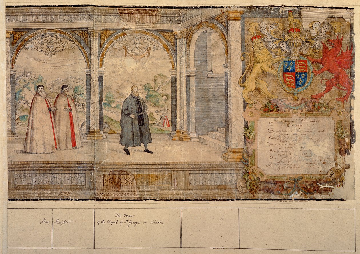 Wyimaginowana procesja kompozytowa Rycerzy Podwiązki w Windsor, grawerowana przez Marcusa Gheeraertsa Starszego (1521-86) 1576 (kolorowa akwaforta) autorstwa English School