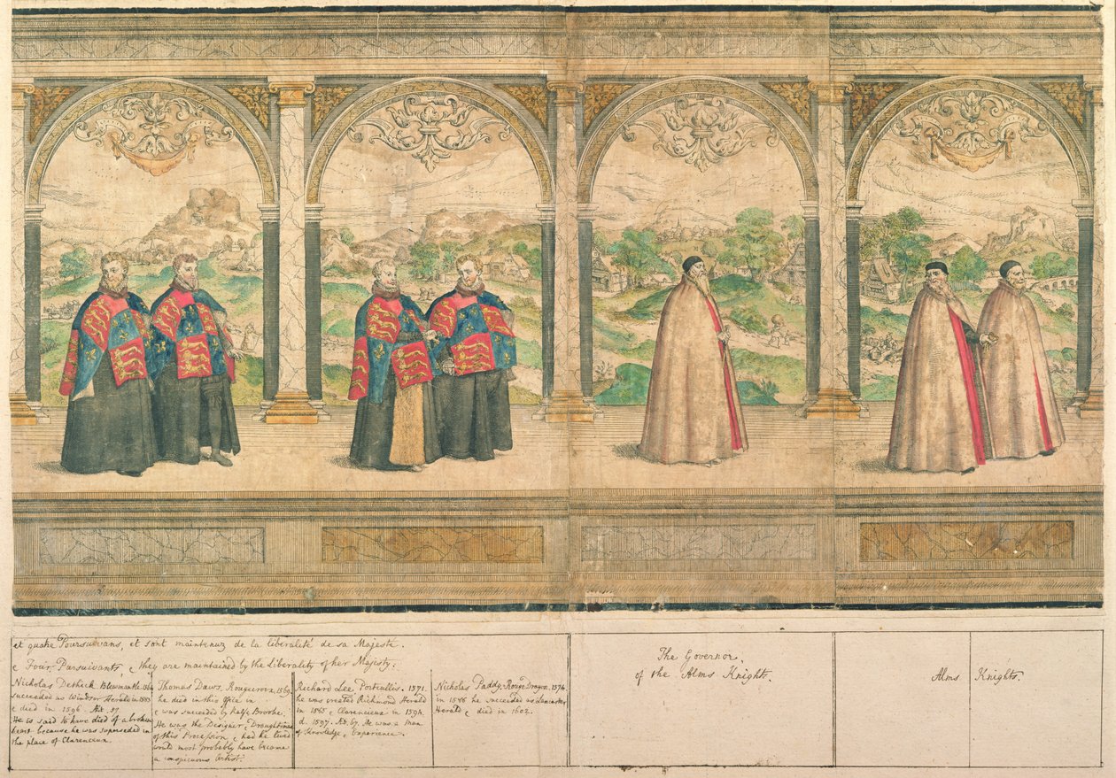 Wyimaginowana procesja kompozytowa Rycerzy Podwiązki w Windsor, grawerowana przez Marcusa Gheeraertsa Starszego (1521-86) 1576 (kolorowa akwaforta) autorstwa English School