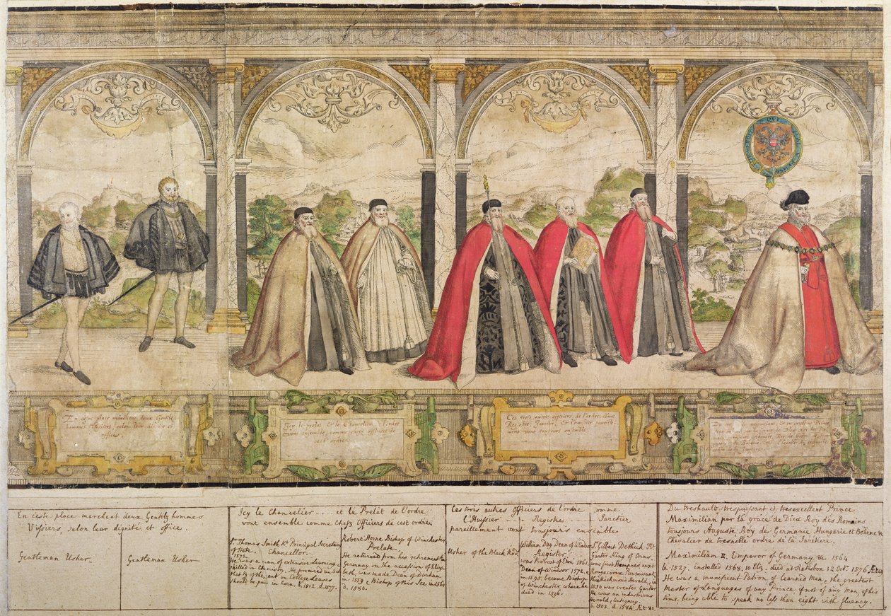 Wyimaginowana procesja kompozytowa Rycerzy Podwiązki, grawerowana przez Marcusa Gheeraertsa Starszego (151620-c.1604) 1576 (kolorowa akwaforta) autorstwa English School