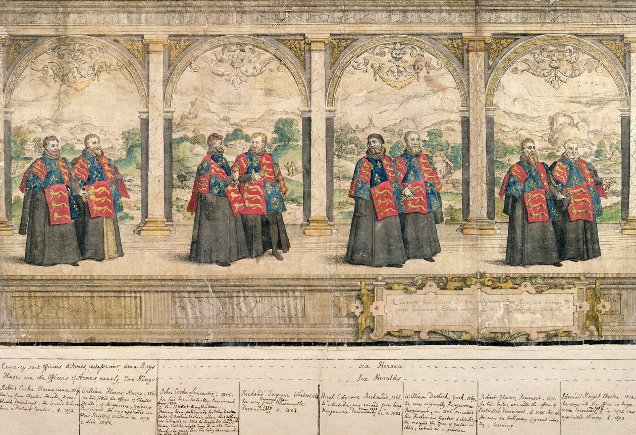 Wyimaginowana procesja kompozytowa Orderu Podwiązki w Windsor, grawerowana przez Marcusa Gheeraertsa (1521-86) 1576 (kolorowa akwaforta) autorstwa English School