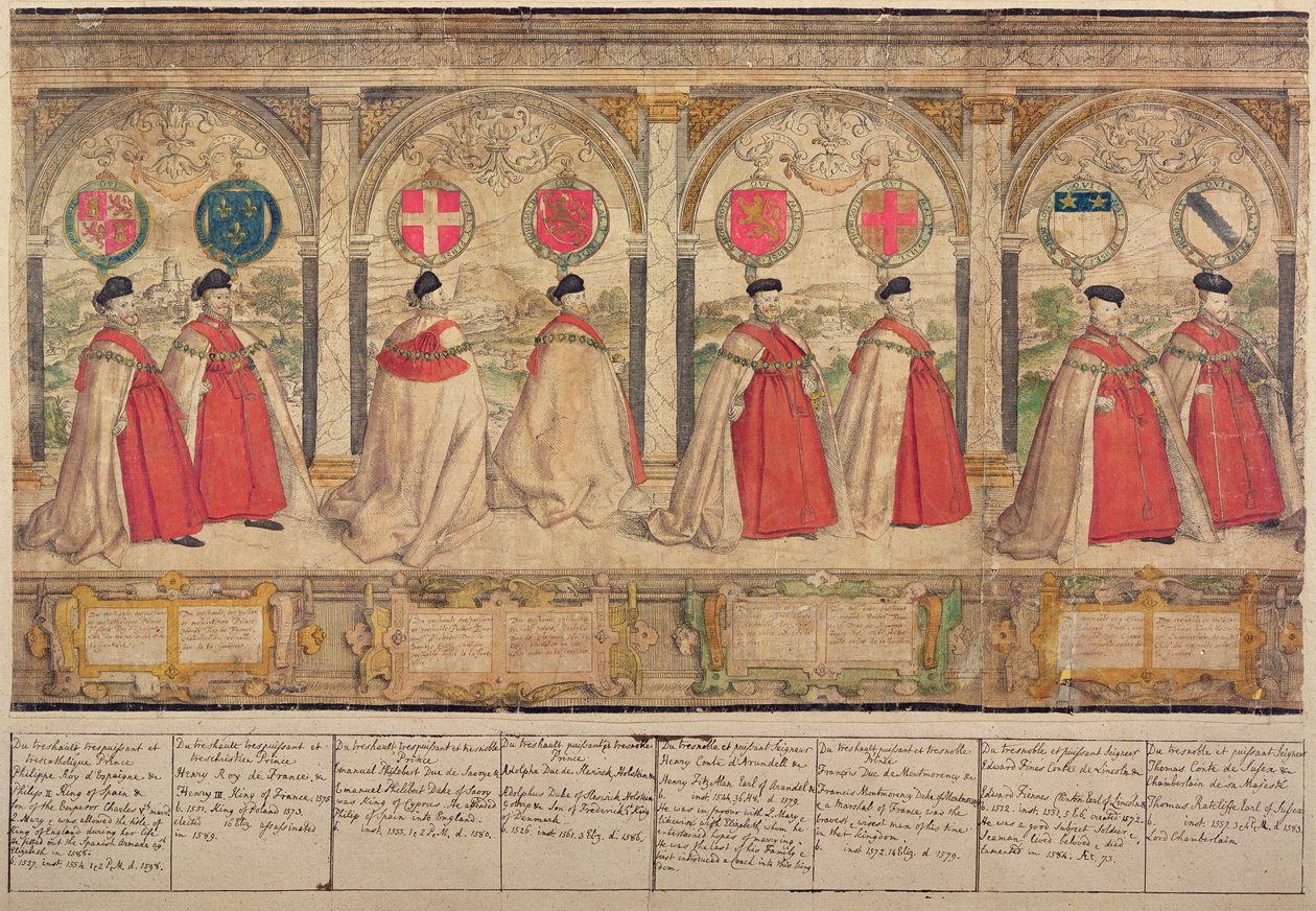 Wyimaginowana złożona procesja Orderu Podwiązki w Windsorze, wyryta przez Marcusa Gheeraertsa Starszego (1521-86) 1576 (akwaforta barwna) autorstwa English School