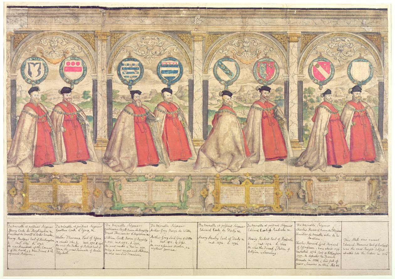 Wyimaginowana procesja kompozytowa Orderu Podwiązki w Windsor, grawerowana przez Marcusa Gheeraertsa Starszego 1576 (kolorowa akwaforta) autorstwa English School