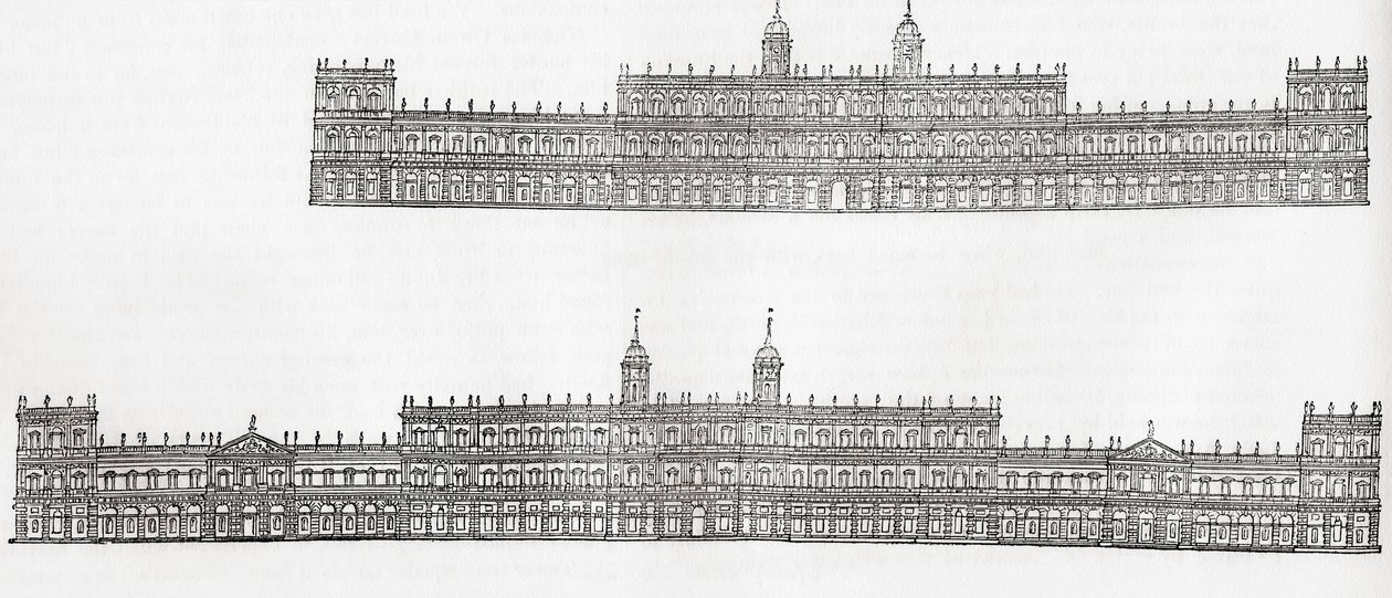 Inigo Jones 1638 plan nowego pałacu w Whitehall, Westminster, Anglia, z Old England: A Pictorial Museum, wyd. 1847 autorstwa English School