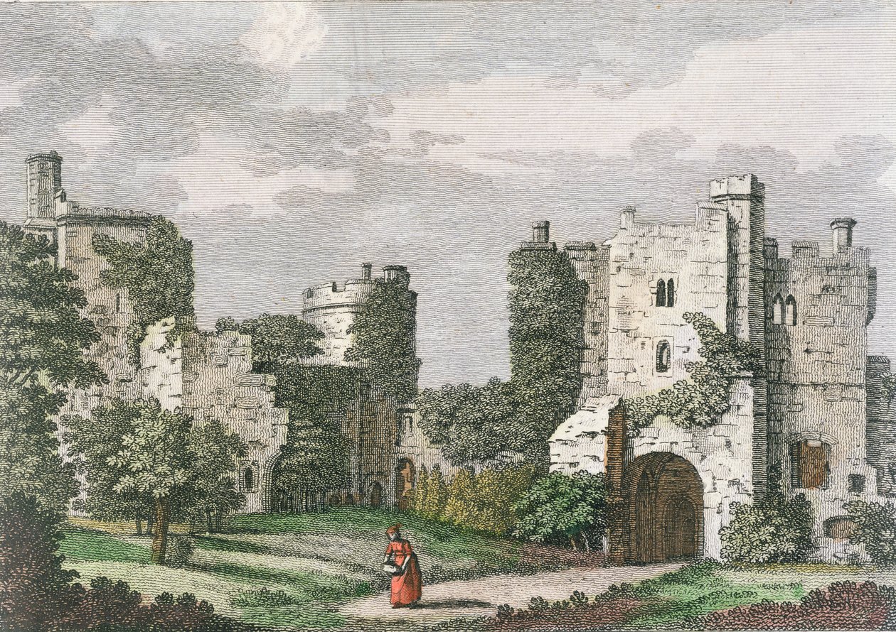 Wewnętrzny widok i brama zamku Bodiam, Sussex, 27 maja 1785 (rycina kolorowa) autorstwa English School