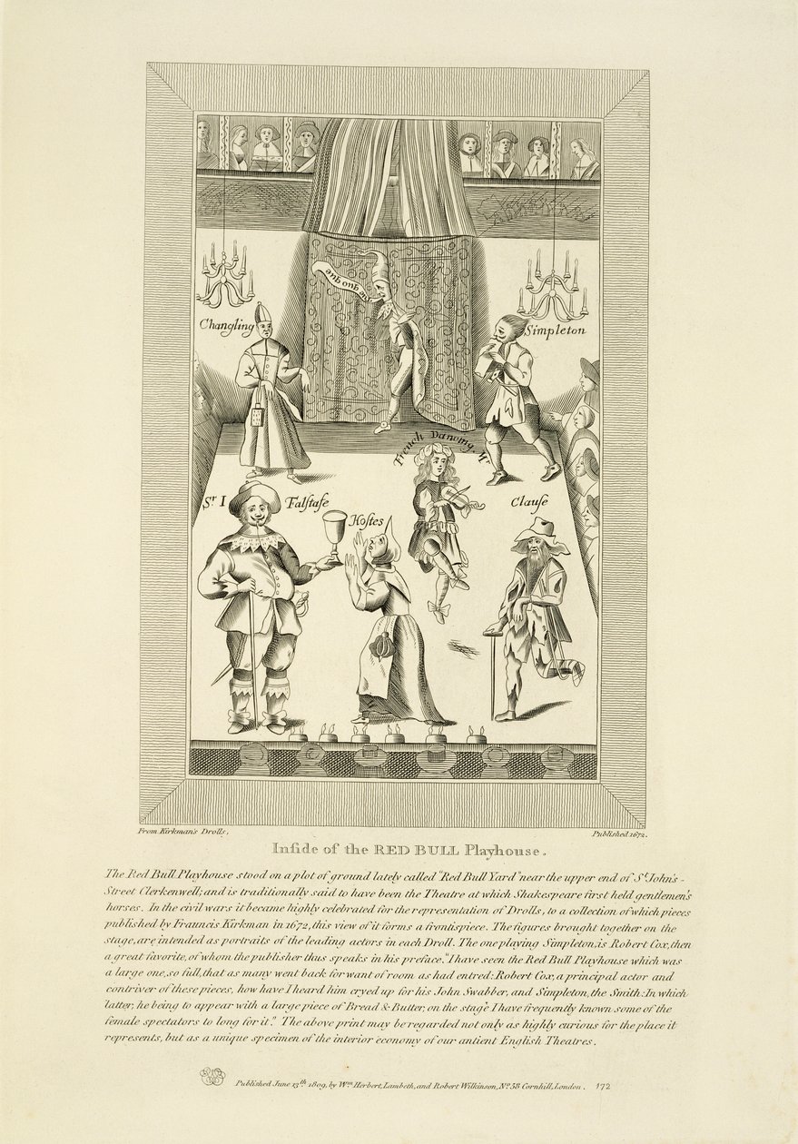 Wewnątrz Red Bull Playhouse, fronton do kolekcji zabawek autorstwa Francisa Kirkmana, pierwszego pubu. w 1672, wyd. autorstwa Williama Herberta i Roberta Wilkinsona, 1809 autorstwa English School