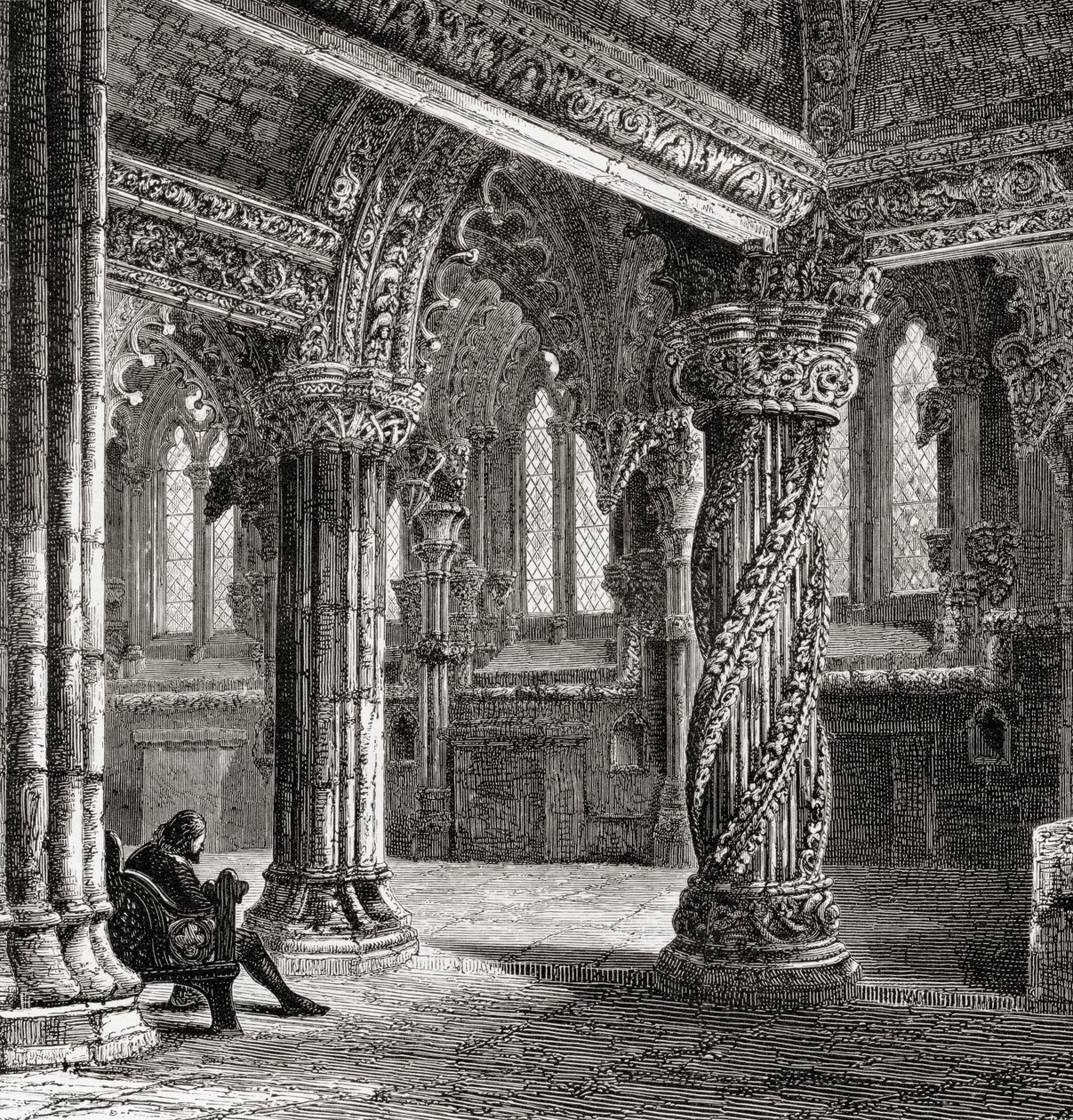 Wnętrze kaplicy Roslin, z filarem czeladniczym, z "Scottish Pictures Drawn with Pen and Pencil", autorstwa Samuela G. Greena, opublikowane w 1886 r. autorstwa English School