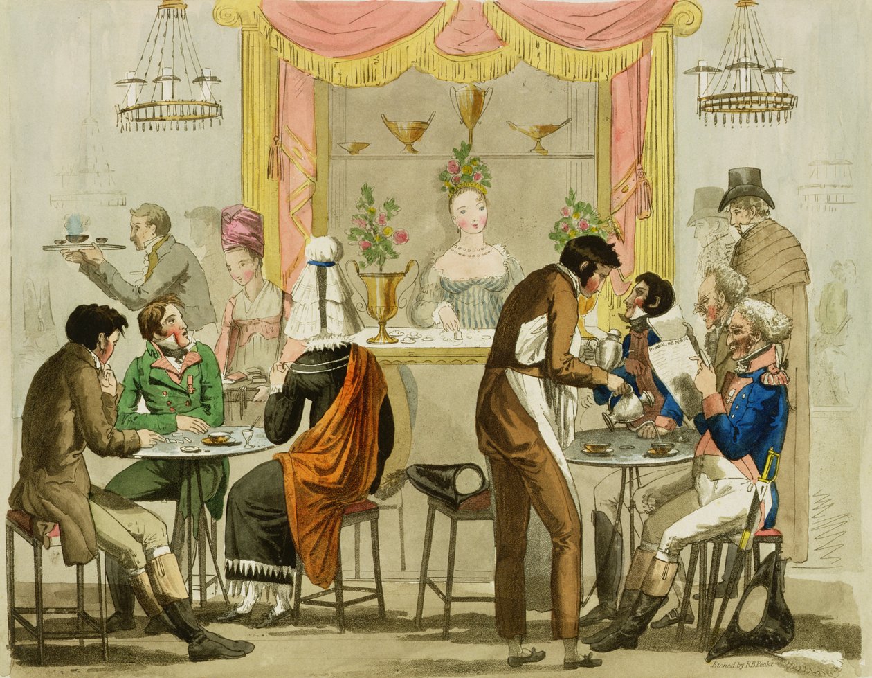 Wnętrze kawiarni, pub. dla Williama Pearmana Library, 1819, (akwaforta kolorowa) autorstwa English School