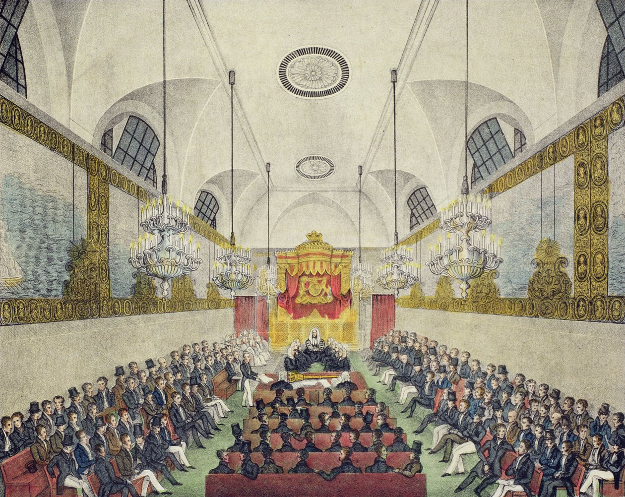 Wnętrze Izby Lordów w Pałacu Westminsterskim, wydrukowane i wydane przez Charlesa Ingreya, ok. 1830 (kolorowa lito) autorstwa English School