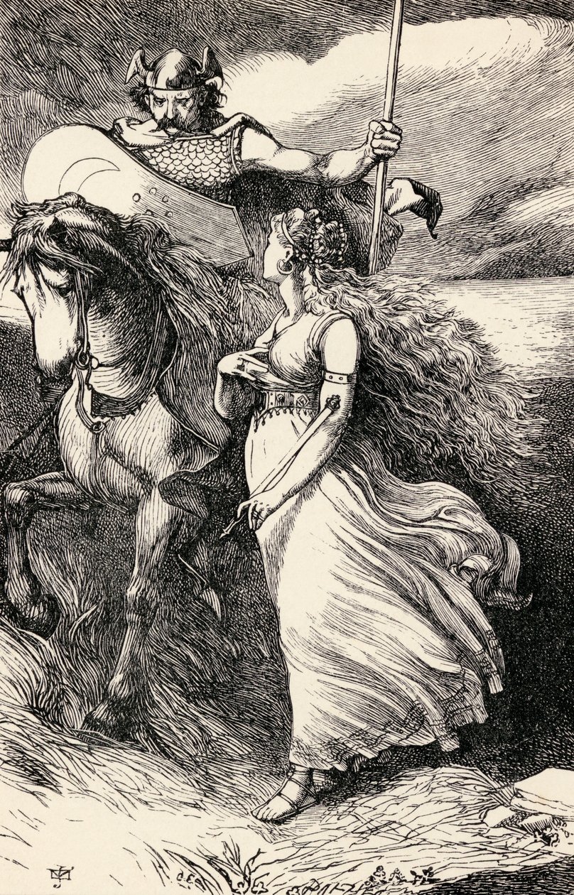 Irlandzki rycerz i dziewica, z wydania „Dzieła poetyckie Thomasa More”, sztychowane przez Dalziel Brothers (fl.1839-90) autorstwa English School