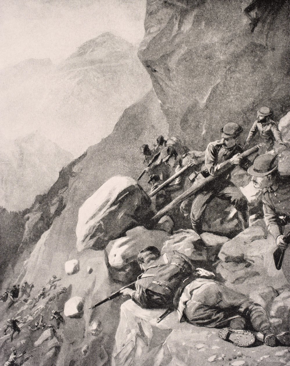 Włoskie wojska rzucające głazy na żołnierzy wroga w Dolomitach, 1915, z „The War Illustrated Album deLuxe” opublikowanej w Londynie, 1916 autorstwa English School