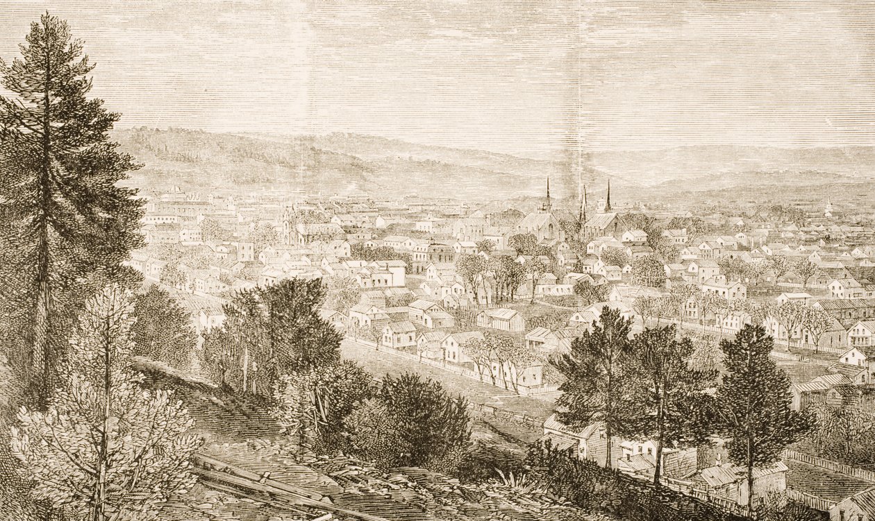 Ithaca i Cornell College, stan Nowy Jork, ok. 1870, z „American Pictures” opublikowanej przez religijne Towarzystwo Traktowe, 1876 autorstwa English School
