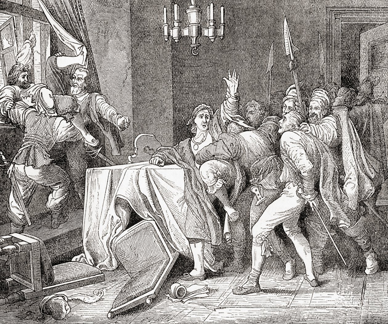 Jaroslav Brita z Martinic i Vilem Slavata z Chlumu wyrzucony z okna pałacu w Pradze podczas defenestracji Pragi w 1618 r., z Ward and Locks Ilustrowana historia Wo autorstwa English School