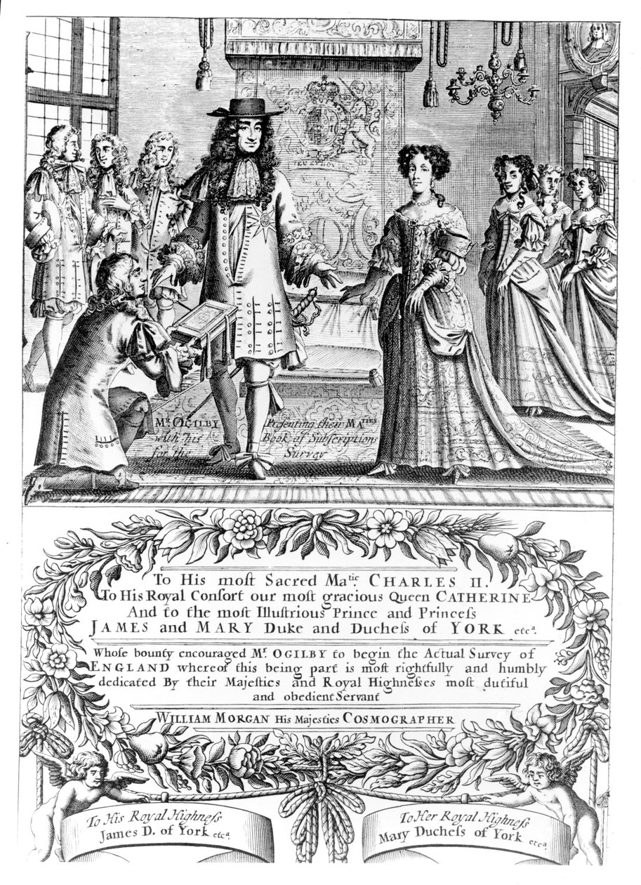 John Ogilby przedstawia królowi i królowej swoją listę subskrypcji „Britannia”, fragment z mapy Londynu Morgana, 1682 autorstwa English School