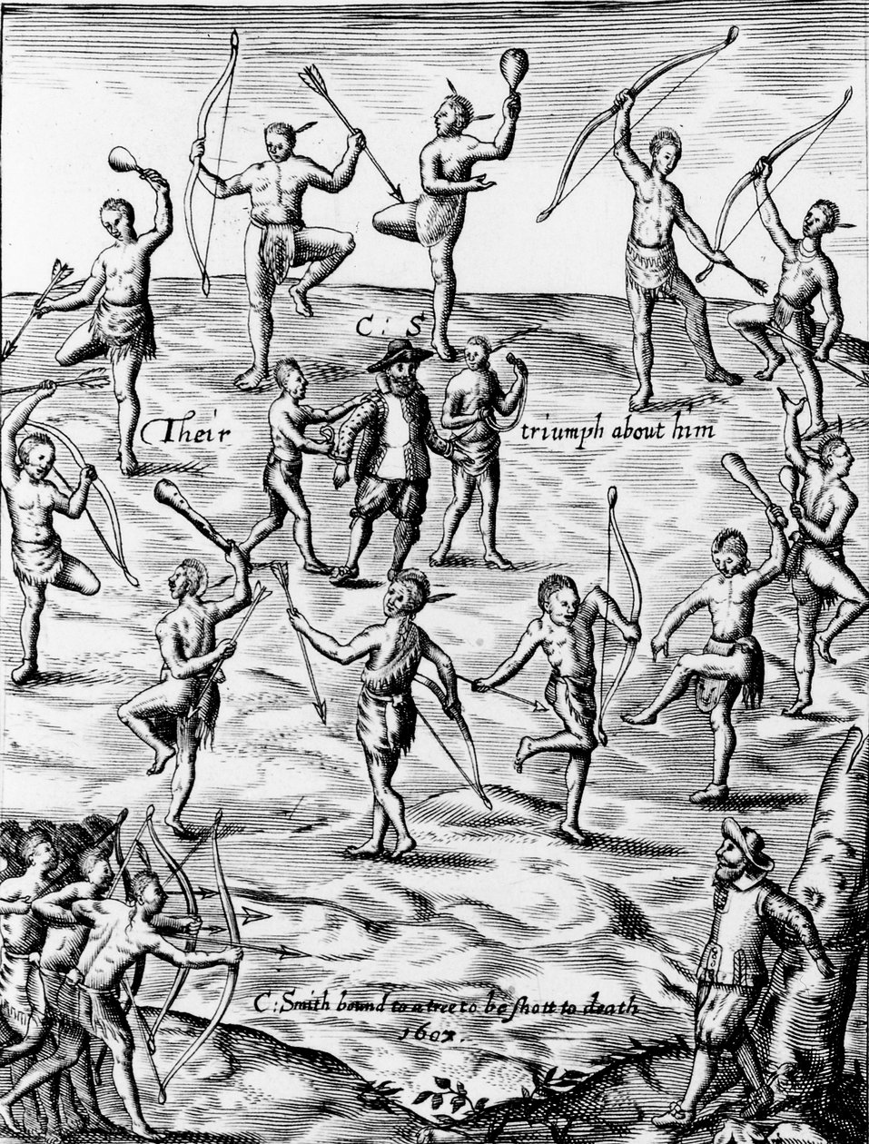 John Smith wzięty do niewoli i zagrożony śmiercią przez rdzennych Amerykanów z Wirginii w 1607, 1624 (szczegóły z 105033) autorstwa English School