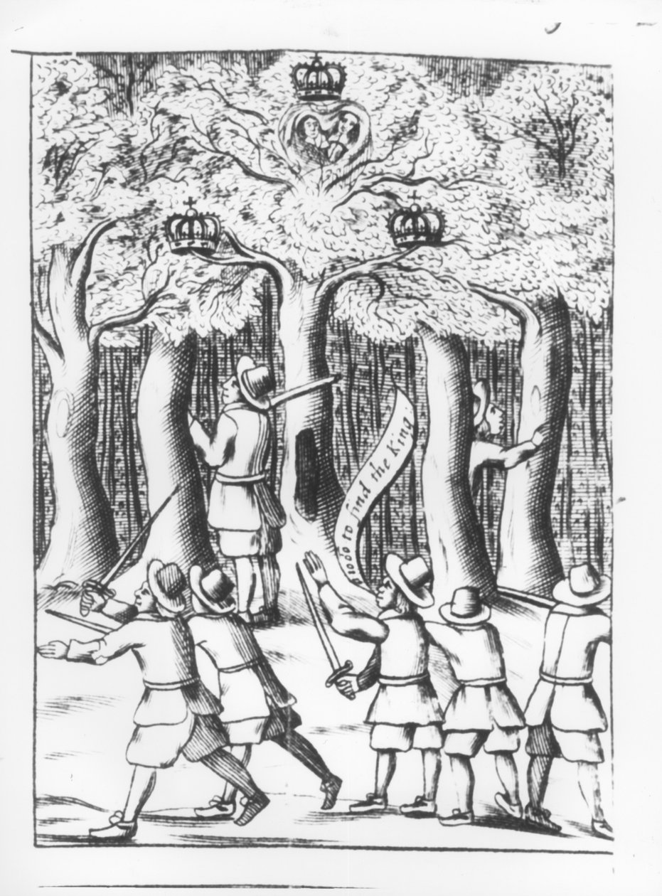 Król Karol II (1630-85) ukrywający się w dębie w Boscobel po klęsce w bitwie pod Worcester w 1651, opublikowany w 1660 autorstwa English School
