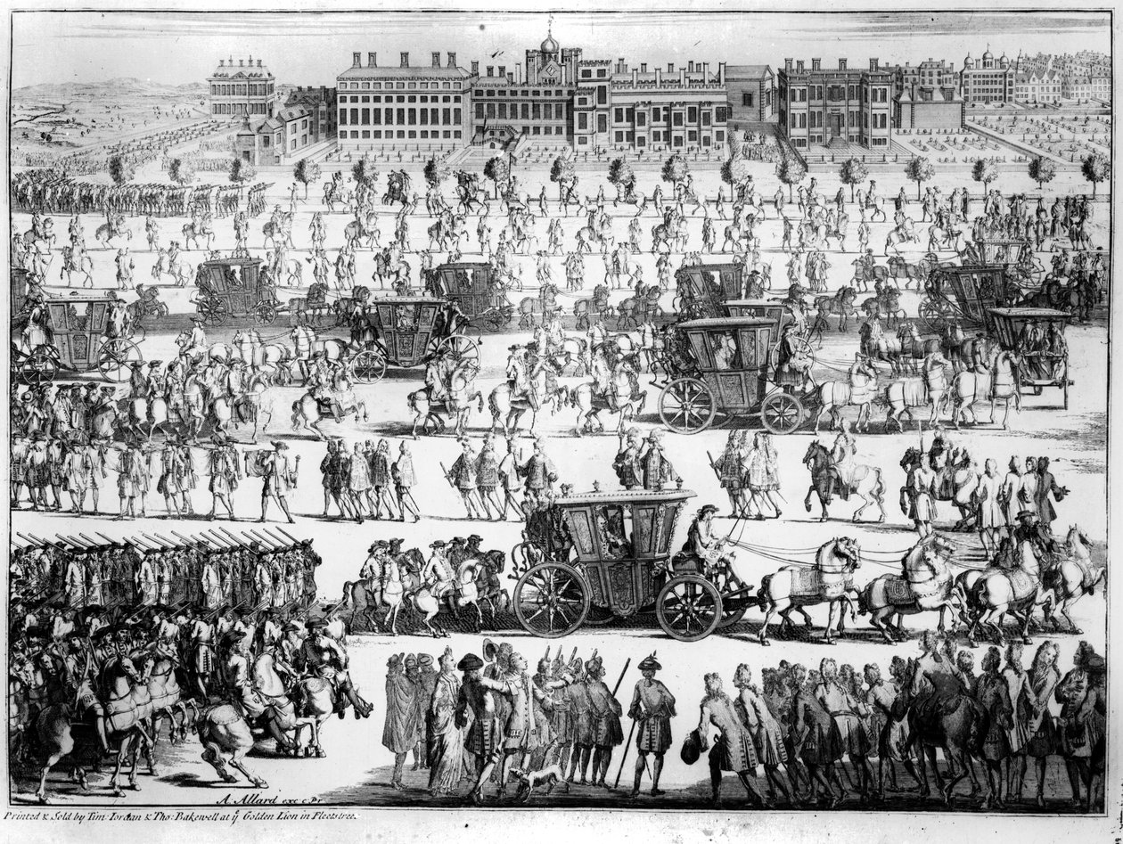 Procesja króla Jerzego I do Pałacu Św. Jakuba, 20 września 1714, ryty przez Abrahama Allard autorstwa English School