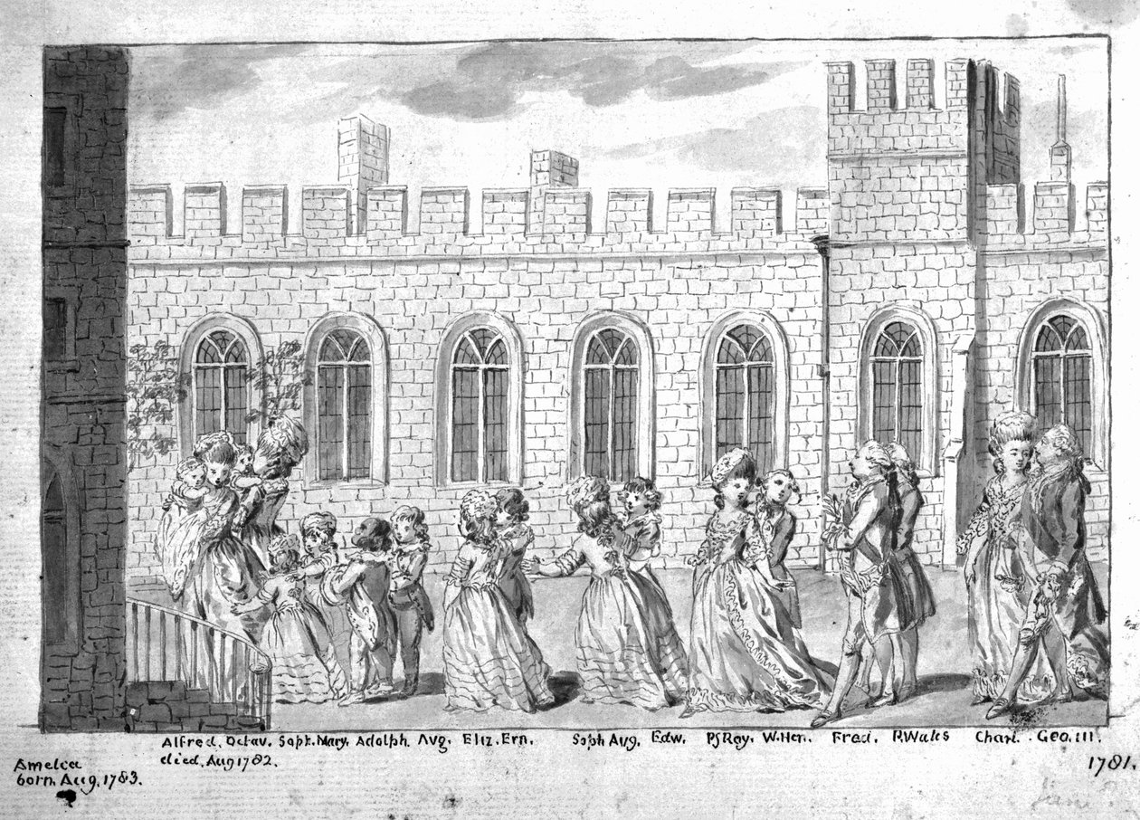 Król Jerzy III i królowa Charlotte idą w procesji z czternastoma dziećmi, 1781 (pióro i pranie na papierze) autorstwa English School