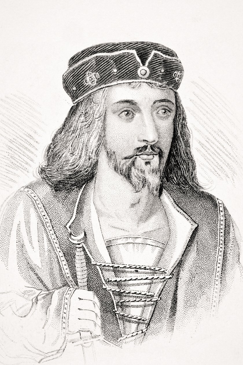 Król Anglii Jakub I i Szkocji VI, ilustracja z „Worthies Old England” autorstwa Lorda Broughama, opublikowana ok. 1880 r. autorstwa English School