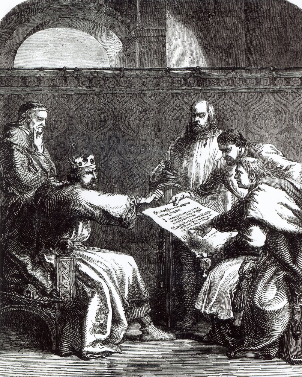 Król Jan (1167-1216) odmawiający podpisania Magna Charta, gdy został mu po raz pierwszy przedstawiony, 1215 autorstwa English School