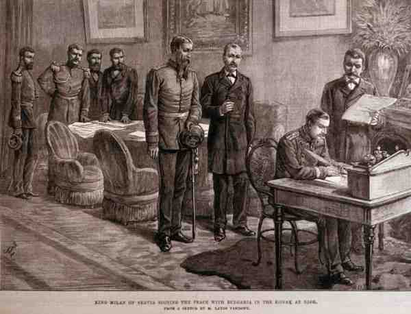 Król Serbii Mediolan podpisujący pokój z Bułgarią w Konaku w Nish, z The Illustrated London News, 4 marca 1886 autorstwa English School