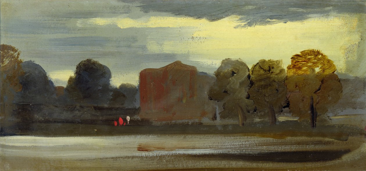 Pejzaż z jeziorem (Scena nad jeziorem) przypisywany wcześniej J.M.W. Turnerowi (1775-1851), a także Peterowi de Wint (1784-1849), 1828-29 (olej na papierze) autorstwa English School