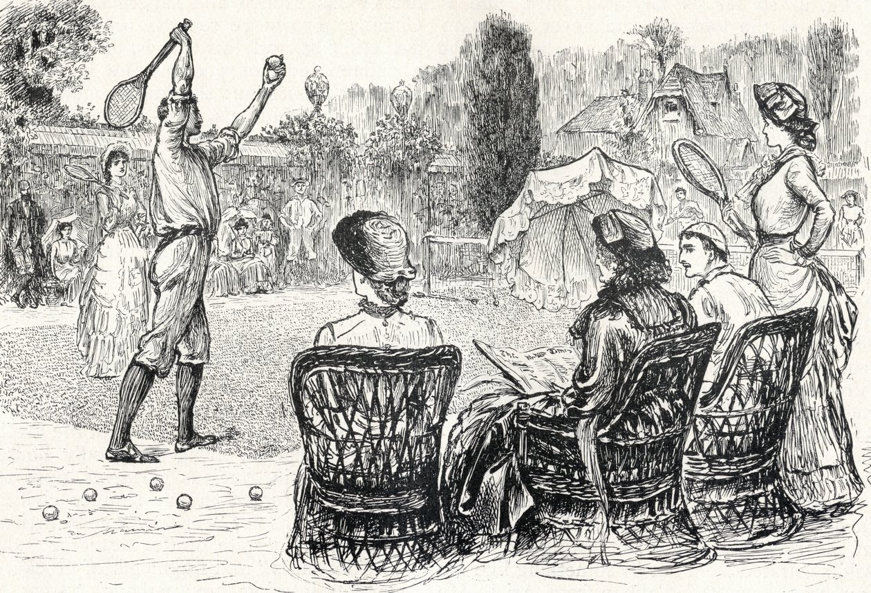 Tenis trawnikowy w 1883 r., wygrawerowany na podstawie oryginalnego rysunku w Punch Magazine, z „The Century Illustrated Monthly Magazine”, od maja do października 1883 r. autorstwa English School