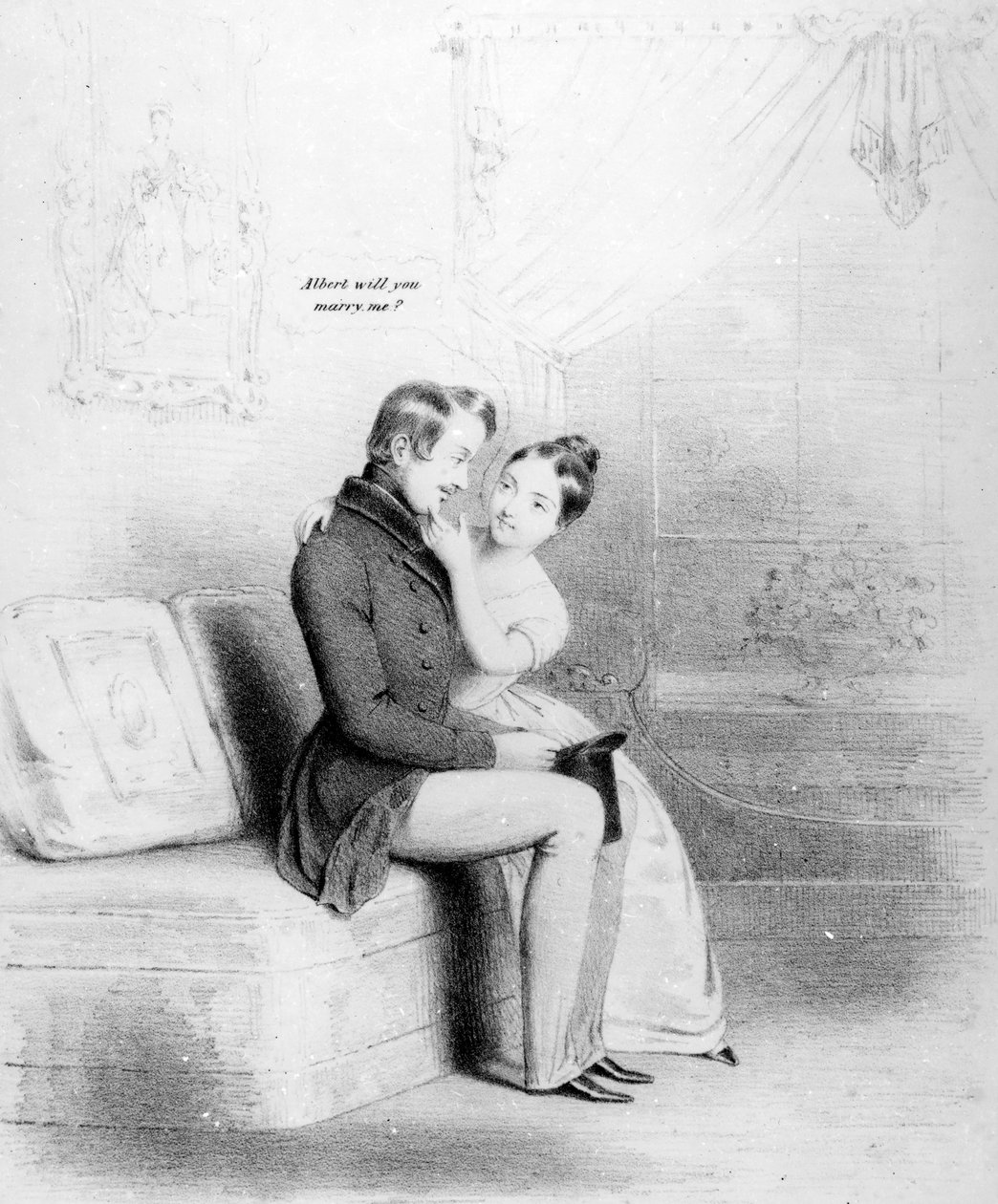 Rok przestępny! Królowa Wiktoria oświadcza się Albertowi, opublikowana 1840 autorstwa English School