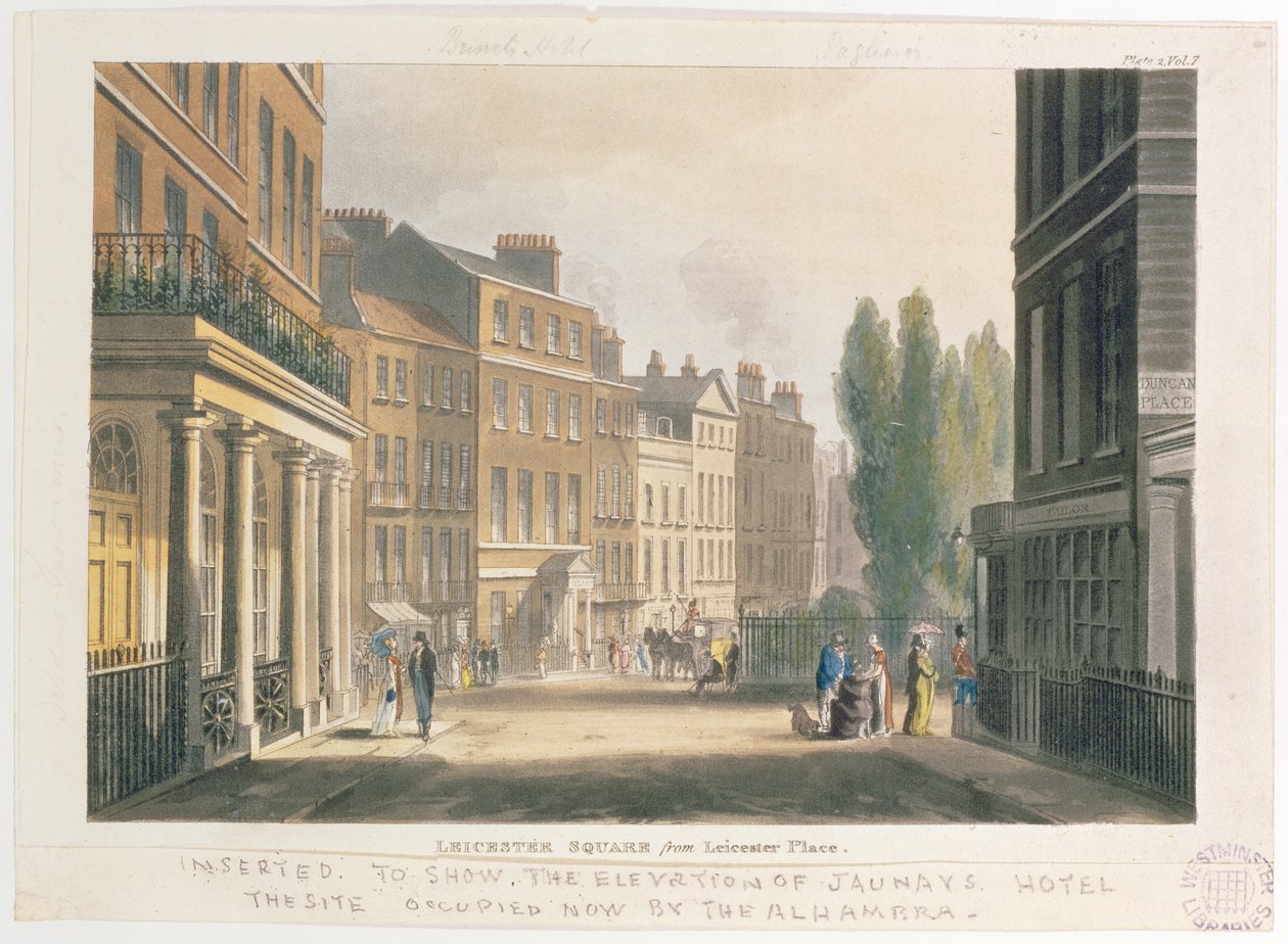 Leicester Square z Leicester Place, Londyn, tablica 2 z tomu 7 Ackermanns Repository of Arts, 1812 (akwatinta) autorstwa English School