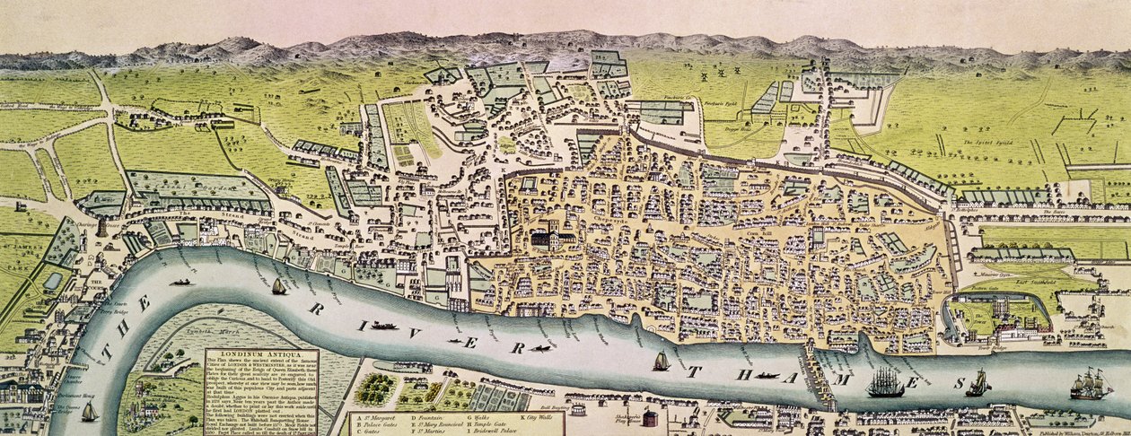 Londinium Antiqua, mapa Londynu, wyd. autorstwa Williama Dartona, 1563 (ręcznie barwiony grawerunek) autorstwa English School
