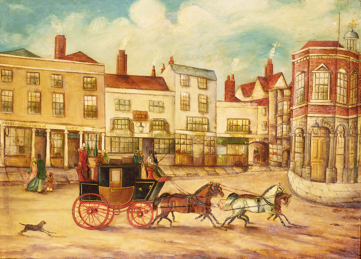 Z Londynu do Maidstone Stage Coach, mijając gospodę Łabędź i ratusz autorstwa English School