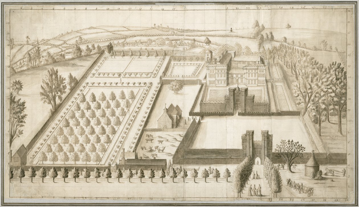 Zamek Lullingstone, ok. 1670 (pióro i atrament z praniem na papierze) autorstwa English School