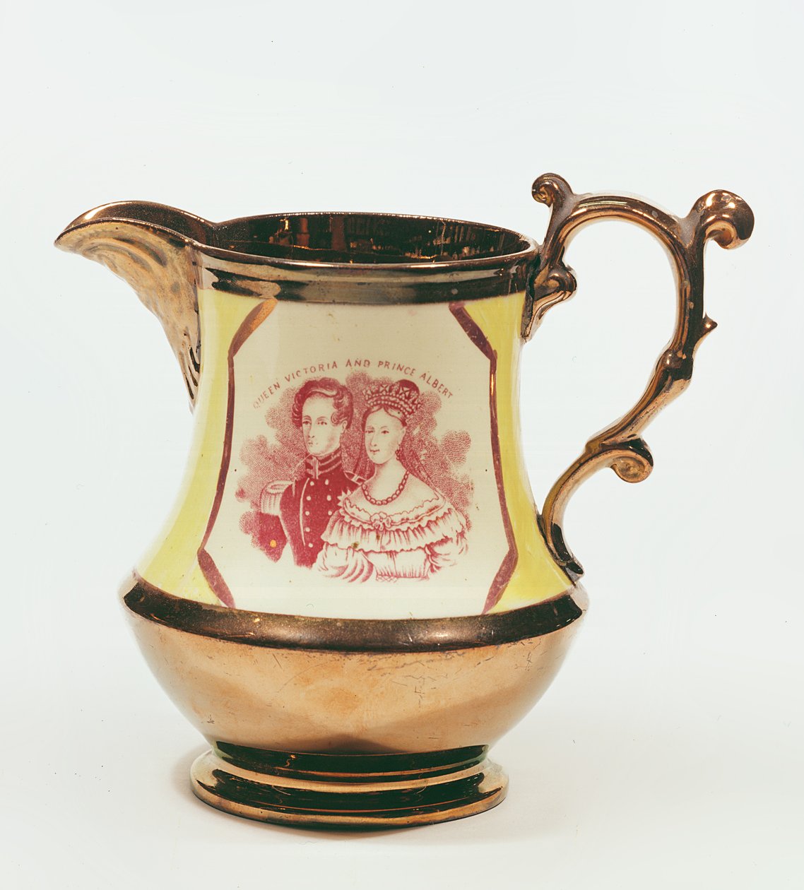 Lustreware dzbanek upamiętniający ślub królowej Wiktorii, 1840 (ceramika) autorstwa English School