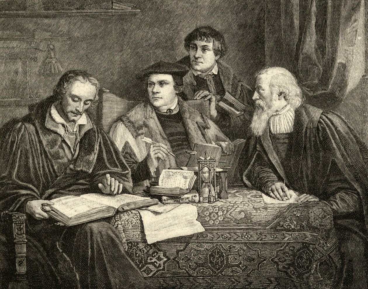 Luter (1483-1546) Melanchton (1497-1560) Pomeranus (1485-1558) i Cruciger (1504-48) tłumaczący Biblię autorstwa English School