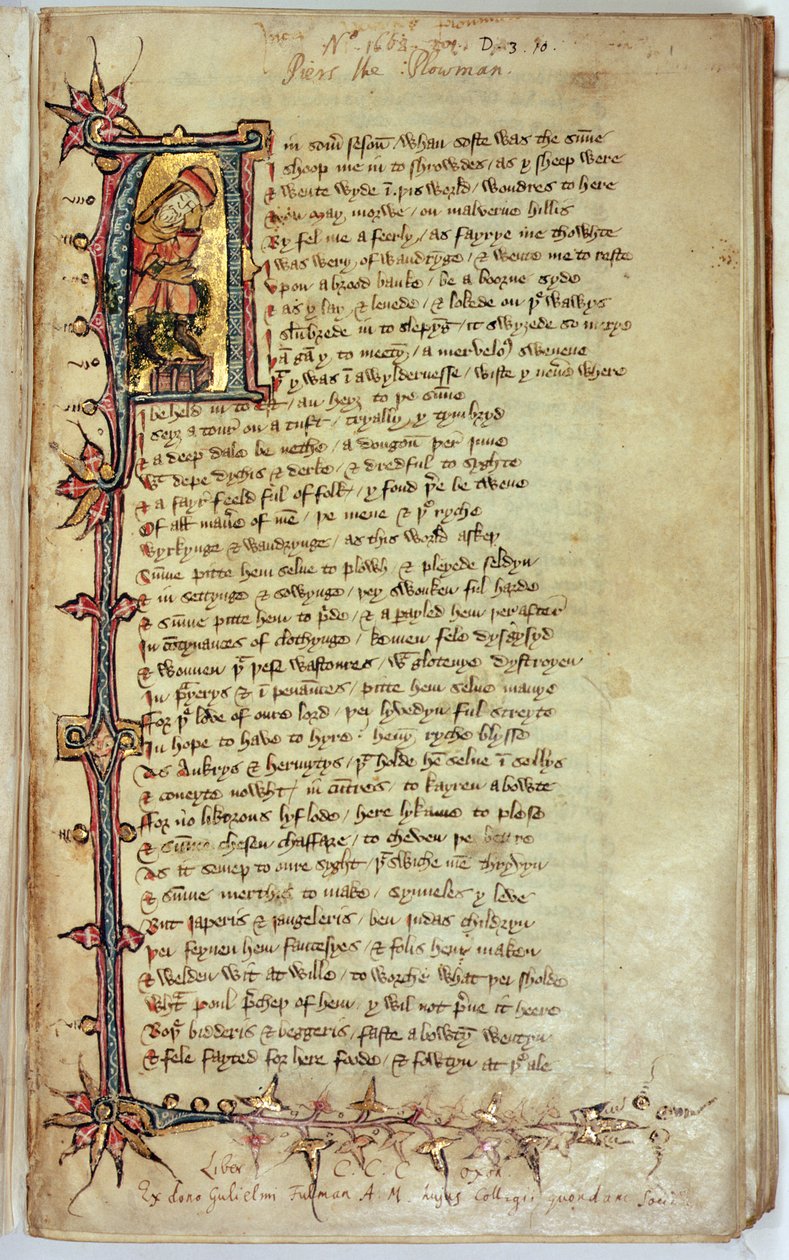 MS CCC 201 f.1 Strona tekstu z historycznym inicjałem przedstawiającym śniącego, z książki Piers Ploughman autorstwa Williama Langlanda autorstwa English School
