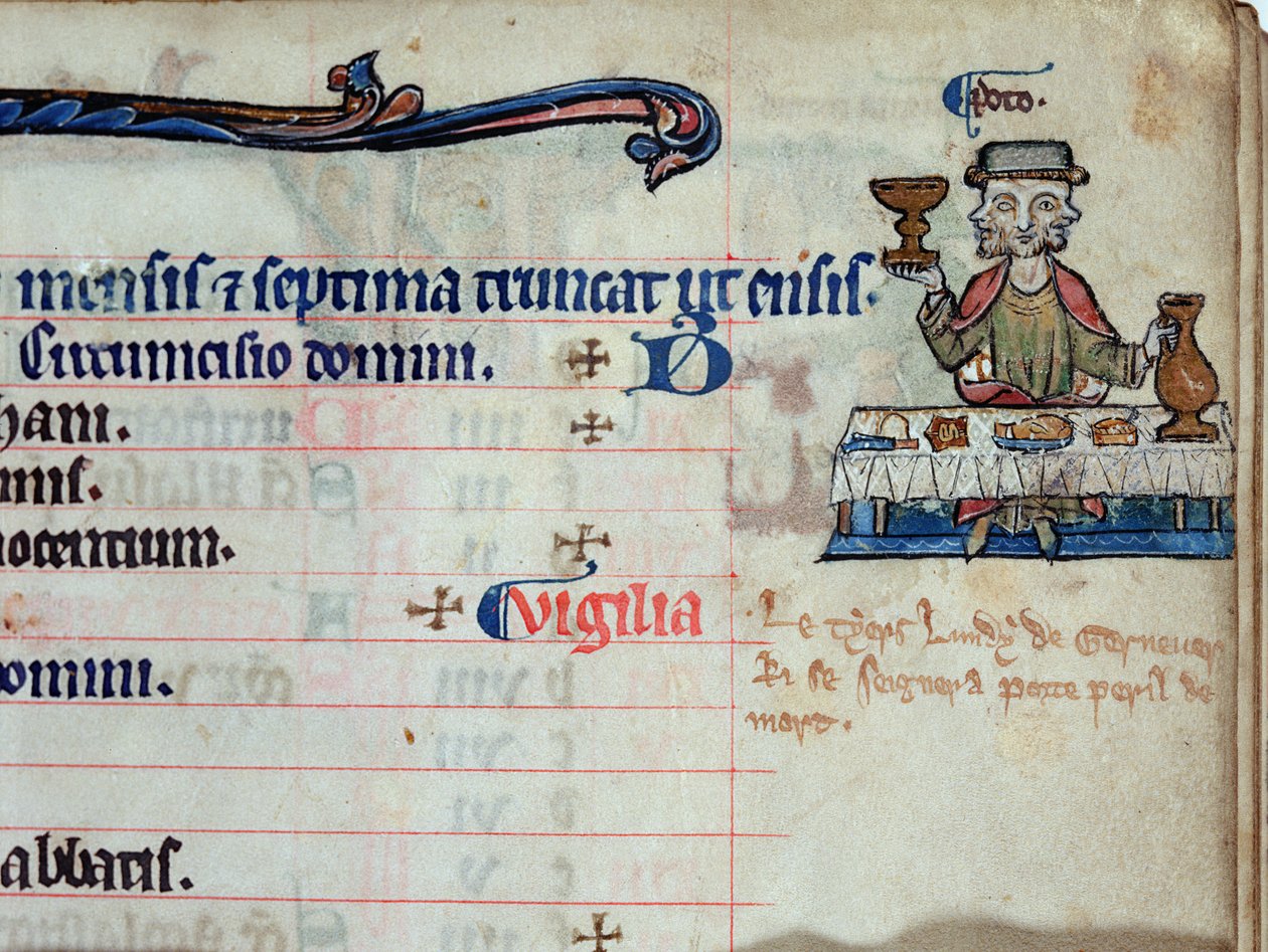 MS CCC 285 f.3 Trzygłowy mężczyzna pijący, ilustracja na styczeń w kalendarzu psałterza, c.1250-75 autorstwa English School