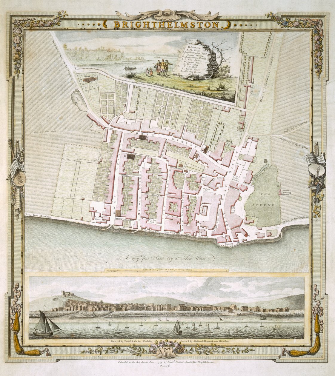 Mapa Brighton autorstwa Thomasa Yeakella i Williama Gardnera, grawerowana przez Whitchurch, 1779 (kolor grawerowany) autorstwa English School