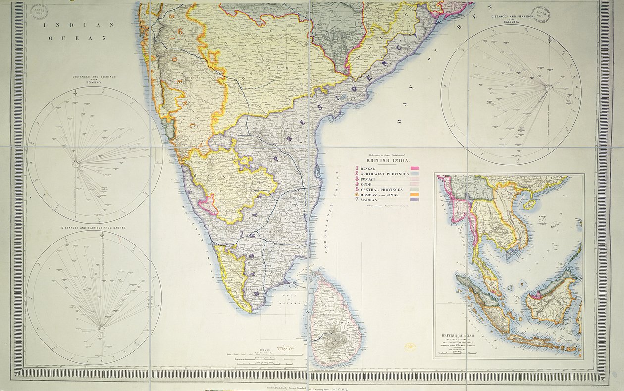 Mapa brytyjskich Indii Południowych, 1872 (litografia kolorowa) autorstwa English School