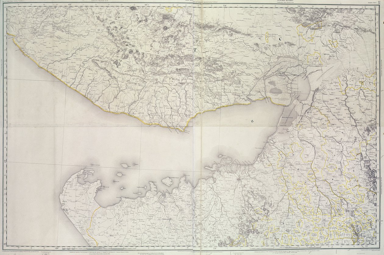 Mapa Cutch i Kathiawar, opublikowana pod kierownictwem pułkownika G.C. de Pree, SC, Główny Geodeta Indii, 1885 autorstwa English School