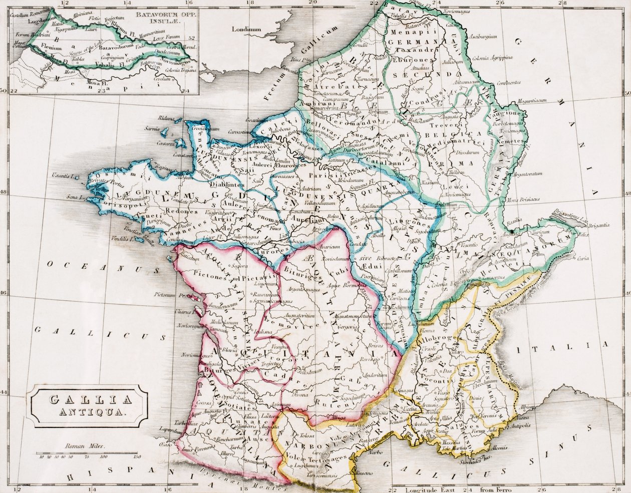 Mapa Francji, Gallia Antique, z „Atlasu geografii antycznej”, Samuela Butlera, wydanej w Londynie, ok. 1829 autorstwa English School