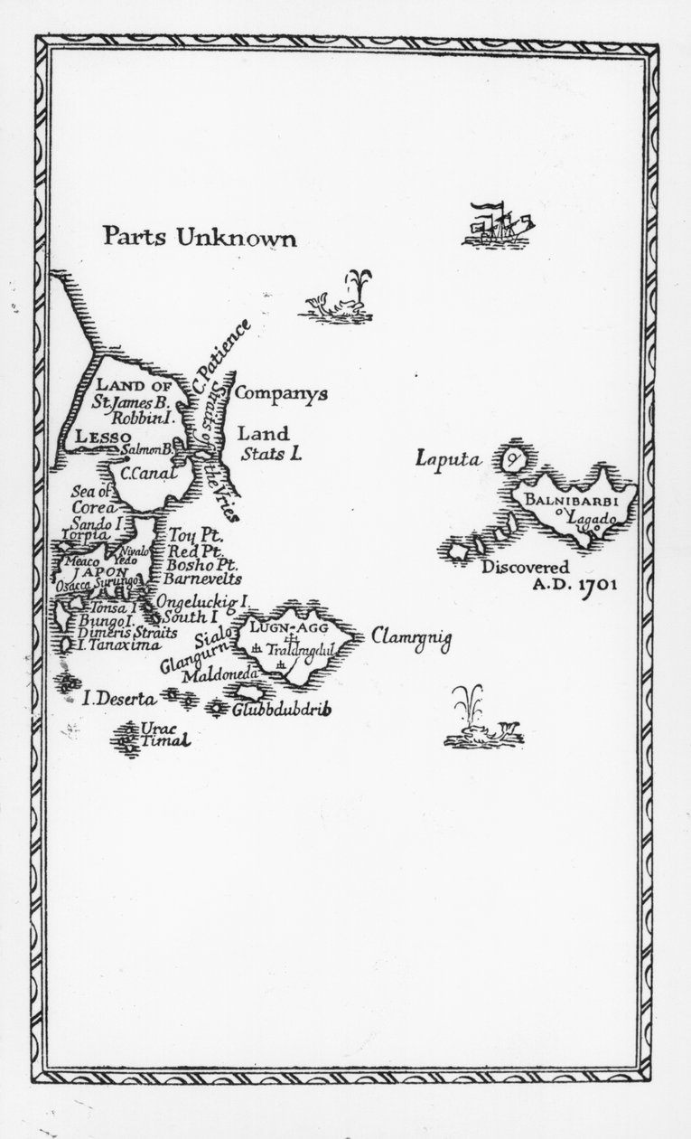 Mapa Laputy, Balnibarbi, Luggnagg, Glubbdubdrib i Japonii, ilustracja z pierwszego wydania „Podróży Guliwera” Jonathana Swifta, 1726 (druk) autorstwa English School