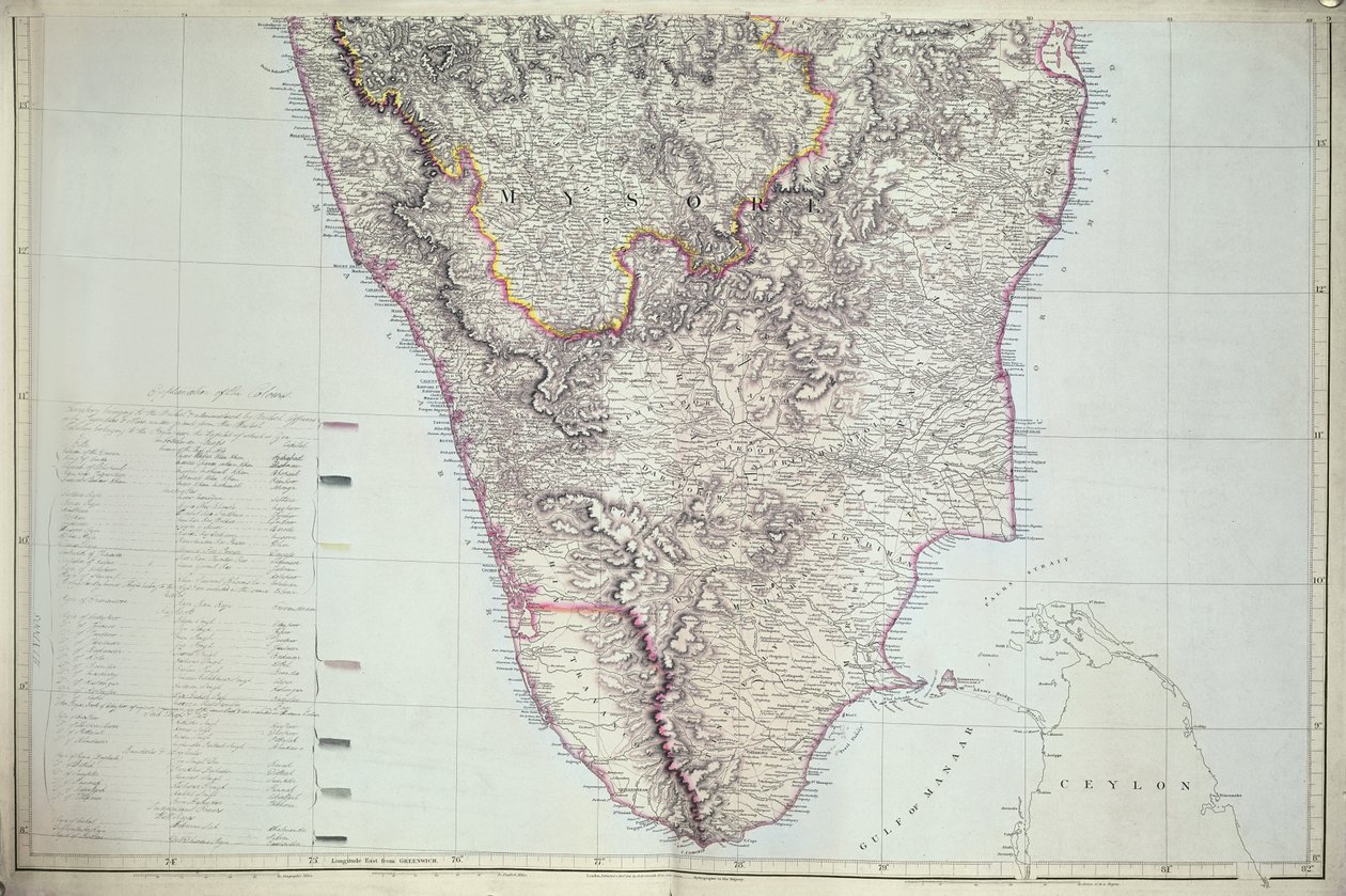 Mapa południowych Indii, 1816 (ręcznie kolorowane grawerowanie) autorstwa English School