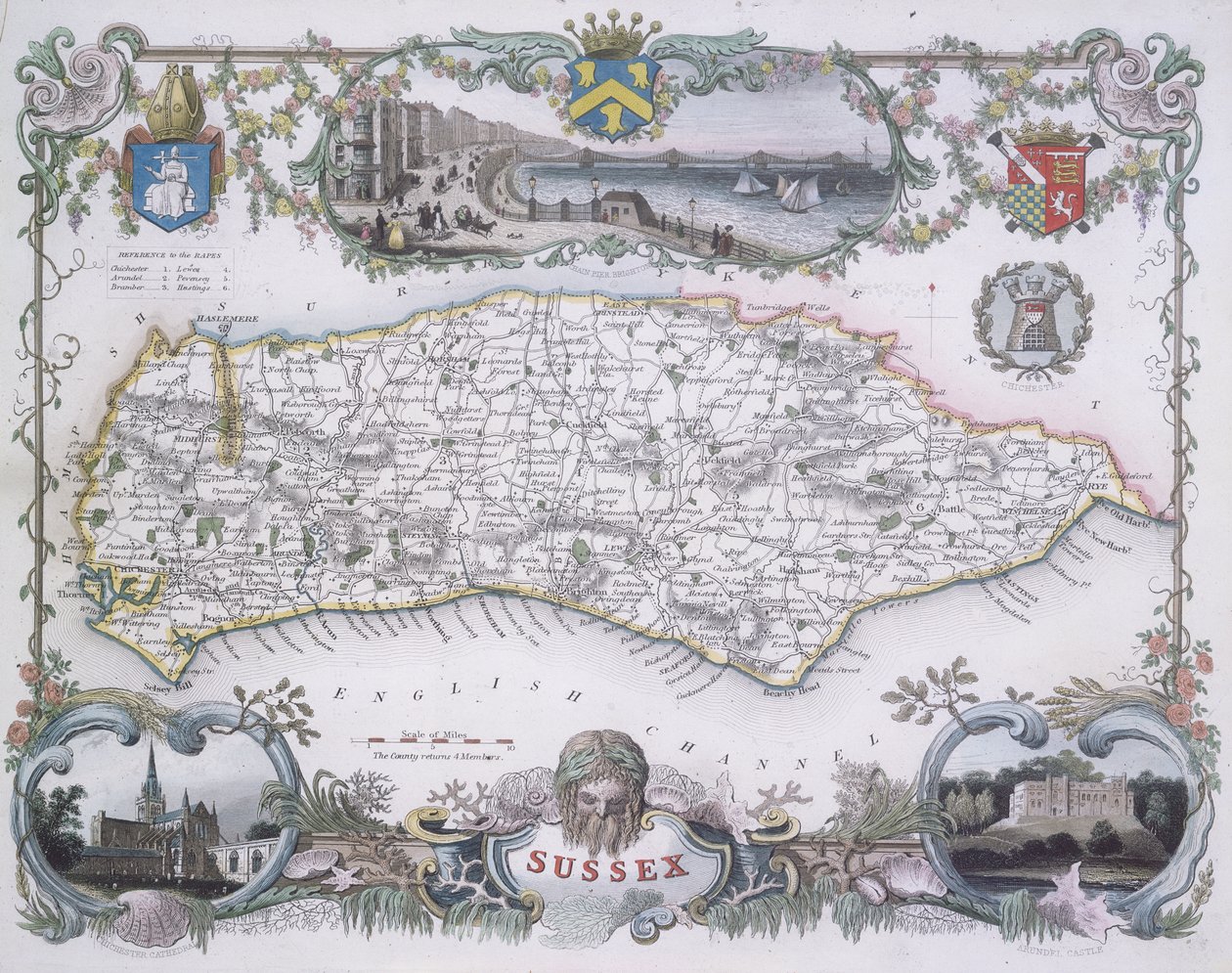 Mapa Sussex (kolorowe grawerowanie) autorstwa English School