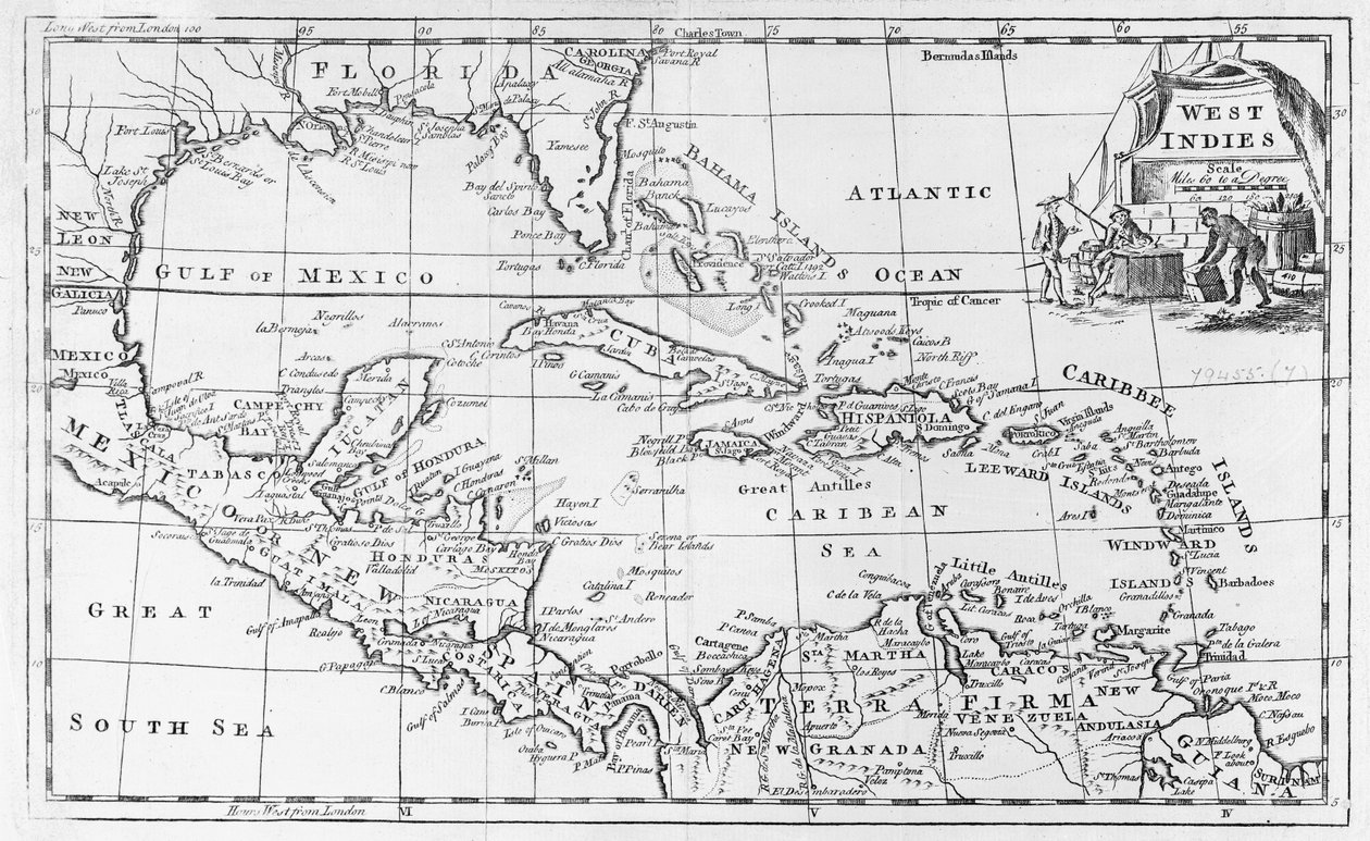 Mapa Indii Zachodnich, Florydy i Ameryki Południowej autorstwa English School