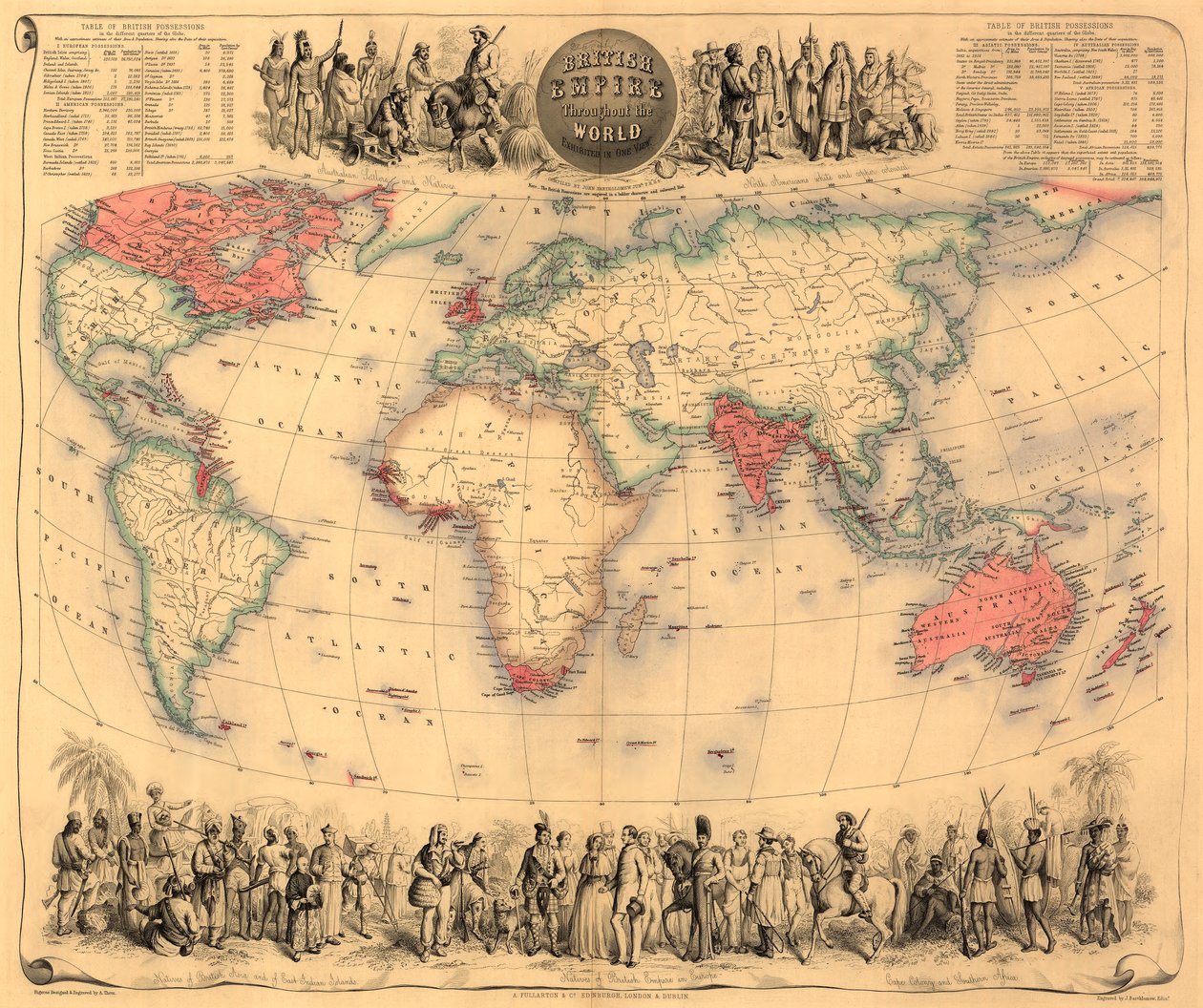 Mapa świata z posiadłościami Imperium Brytyjskiego w kolorze czerwonym, ok. 1870 r. (ręcznie barwiony grawer) autorstwa English School