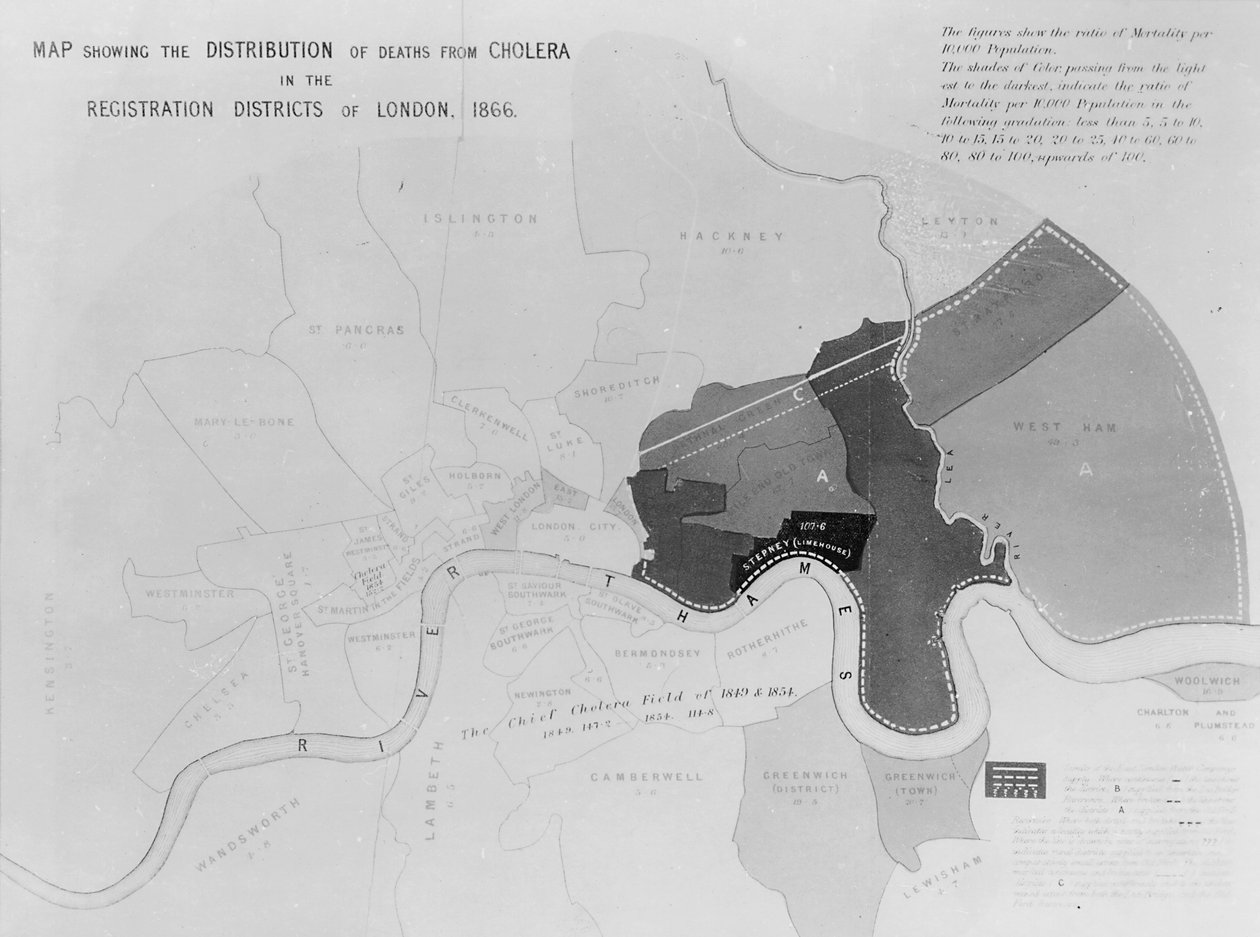 Mapa przedstawiająca rozkład zgonów z cholery w okręgach rejestracyjnych Londynu, 1866 r autorstwa English School