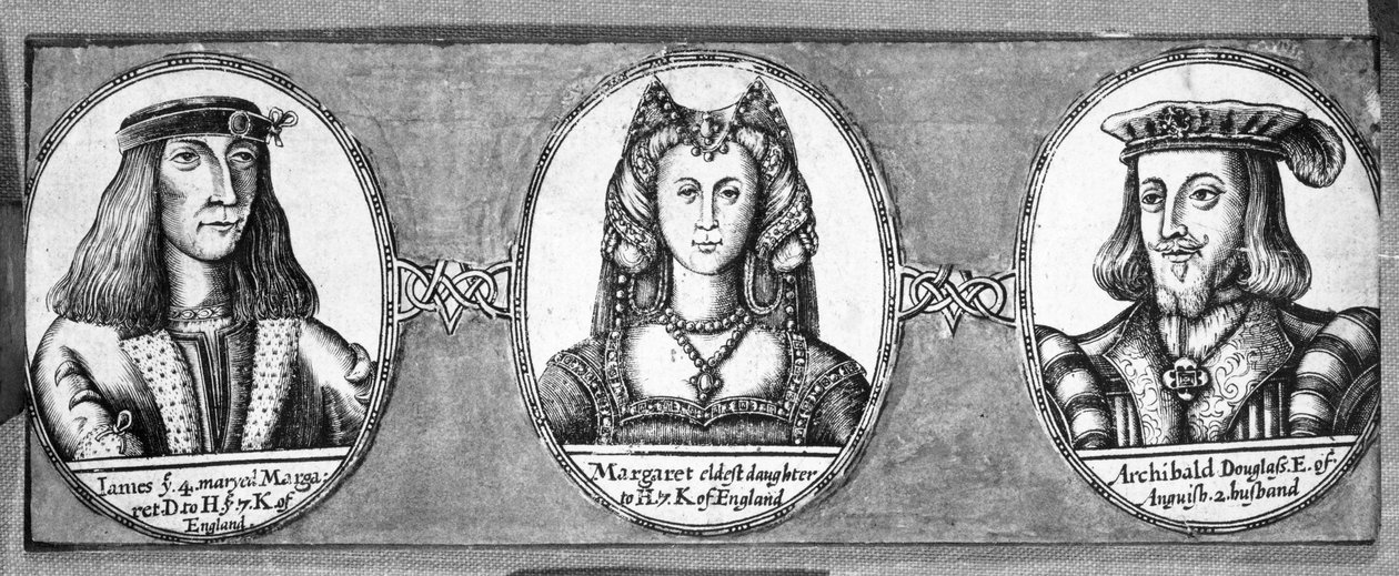 Margaret Tudor z dwoma mężami, Jamesem IV i Archibaldem Douglas autorstwa English School