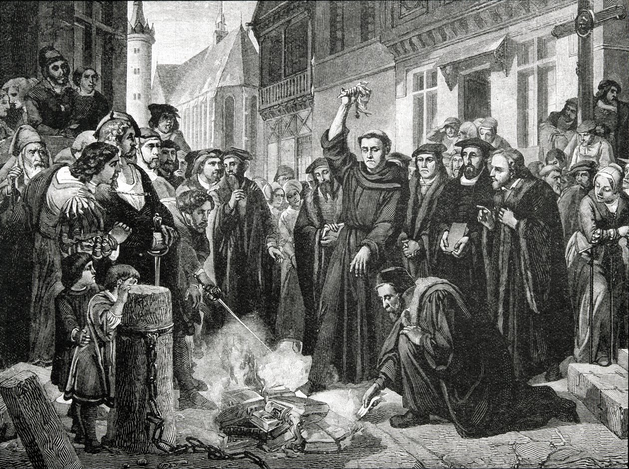 Marcin Luter (1483-1546) Publiczne spalenie bulli papieskiej w 1521 r. autorstwa English School